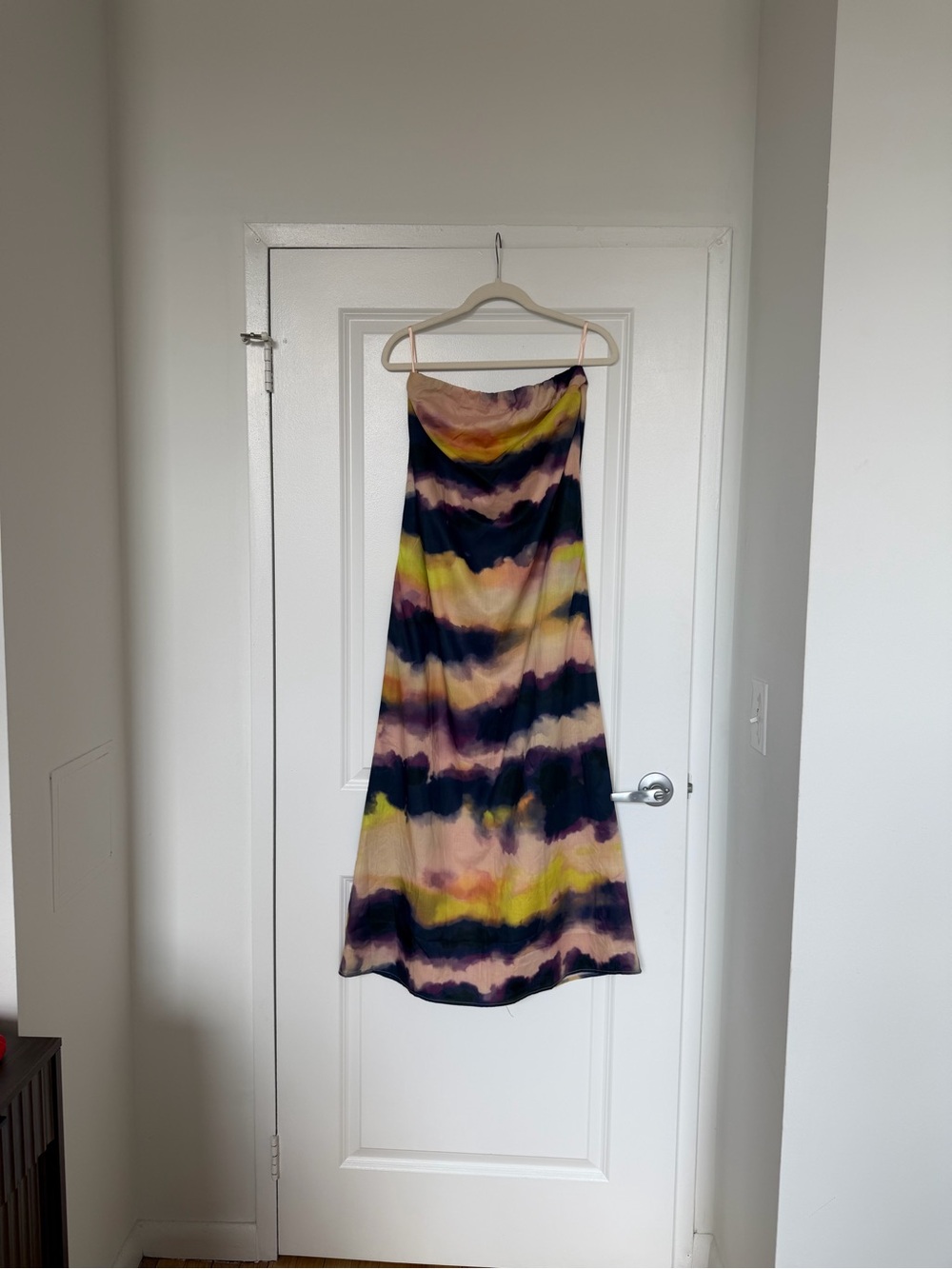 Tie-Dye Maxi Strapless Dress in Yellow, Navy & Pink